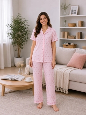 Victor and Jane Pink Piping Detail Cotton Shirt and Pyjama Set