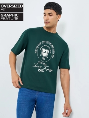 Styli Men Green Graphic Print Oversized T-Shirt