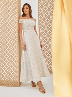 Styli Floral Print Bardot Neck Sleeveless A-Line Maxi Dress