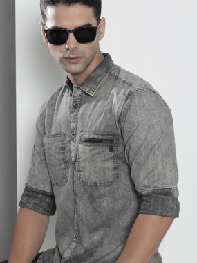 The Indian Garage Co Men Grey Acid Wash Slim Fit Shirt