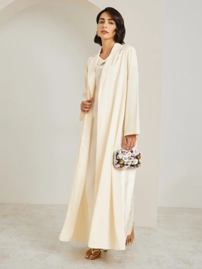 Amirah Yellow Lapel Collar Jacquard Abaya and Cowl Neck Dress Modest Set