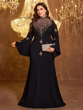 UNITHORSE Plus Size Black Embroidered A-Line Maxi Dress