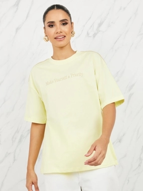 Styli Embroidered Slogan Roll-Up Sleeves Oversized T-Shirt