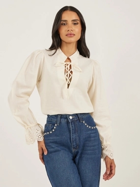 Styli Women Cream Solid Volume Sleeves Lace-Up Top