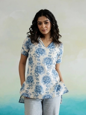 Sanskrutihomes All-Over Floral Print V-Neck Cotton Top