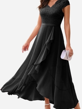 Take Two Lace Insert Ruffled Detail A-Line Maxi Dress