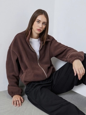 Styli Brown Oversized Collared Fleece Jacket