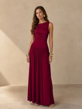 Styli Red Ruched A-Line Maxi Dresss
