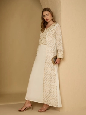 Styli Foil Print V Neck Panelled Jalabiya with Embroidered Detail
