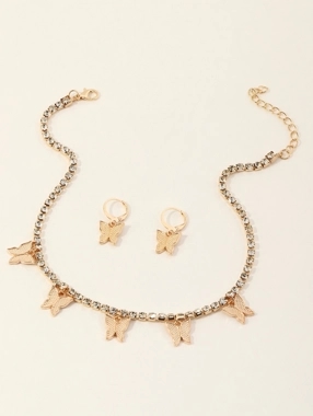 Take Two Pack of 3 Gold Tone Rhinestone Embellished Butterfly Necklace and Earrings