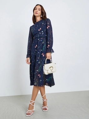 Take Two Women Floral Printed Round Neck Elastic Cuff Midi Dress