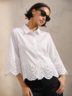 Sassafras White Solid Schiffli Detail Regular Fit Shirt