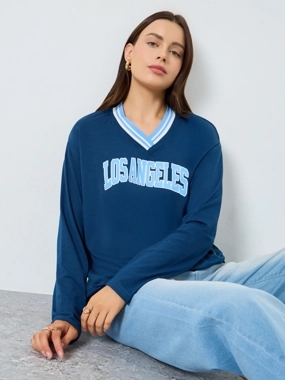 Styli Navy Blue Graphic Print Oversized T-Shirt