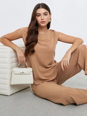 Amirah Brown Cap Sleeve Top and Pants Modest Set