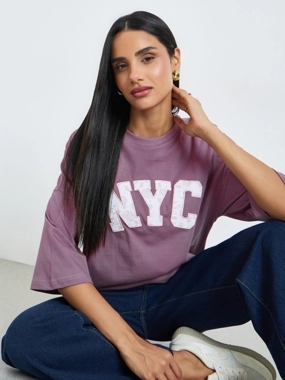Styli Pink Slogan Print and Border Embroidered 100% Cotton Oversized T-Shirt