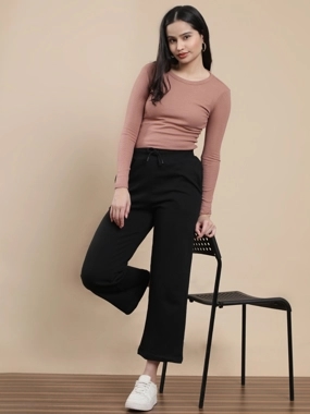 De Moza Black Cotton Terry Straight Pants