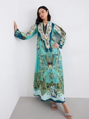 Amirah Women Green Maxi Jalabiya with Matching Scarf