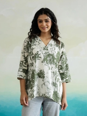 Sanskrutihomes All-Over Floral Print V-Neck Cotton Top