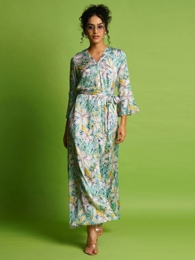 Globus Floral Print Bell Sleeves Front Slit A-Line Belted Maxi Dress