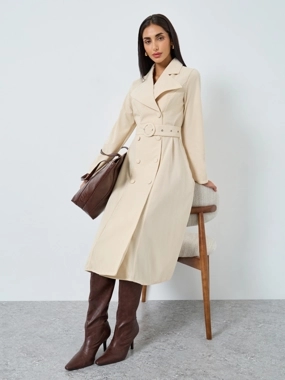 Styli Beige Long Sleeves Blazer Midi Dress