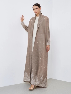 Take Two Floral Printed Textured Pleated Belted Long Sleeve Abaya