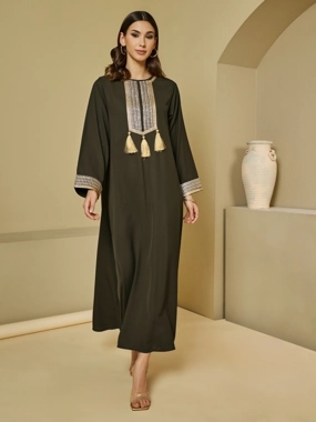 Amirah Lace Insert Round Neck Jalabiya with Tassel Detail