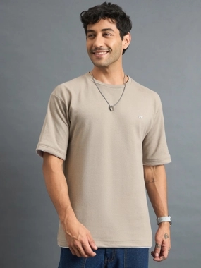 REPRISE Beige Textured Oversized T-Shirt