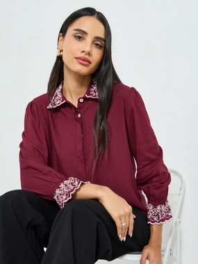 Styli Burgundy Embroidered Collar Shirt