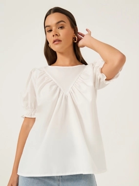 Styli Solid Puff Sleeves Top with Smocked Cuffs