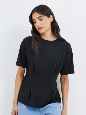 Take Two Black Pleated Waist Detail Round Neck T-Shirt
