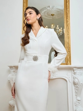 Styli Limited Women White Fur cuff Long Sleeves Blazer Midi Dress