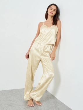 Take Two Beige Jacquard Satin Cami and Pyjama Set