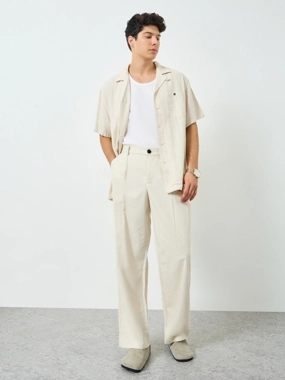 Take Two Men Beige Pleated Wide Leg Trousers
