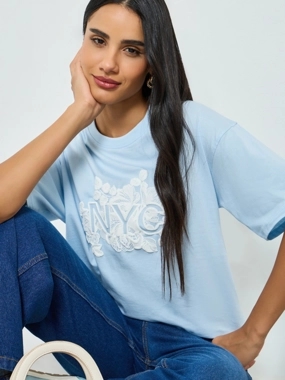 Styli Blue Oversized Rubber Print Cotton T-Shirt