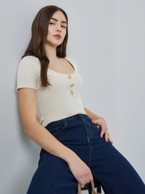 Styli Beige Ribbed Scoop Neck T-Shirt with Star Buttons