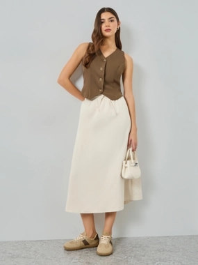 Take Two Beige Drawstring Waist Pleated Midi Skirt