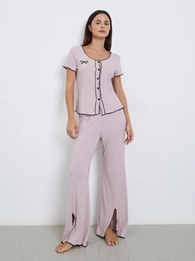 Styli Unwind Bow Embroidered Rib Contrast Stitch Shirt and Side Slit Pyjama Set