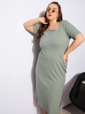 Sassafras Plus Size Ribbed Square Neck Short Sleeves Midi Dress