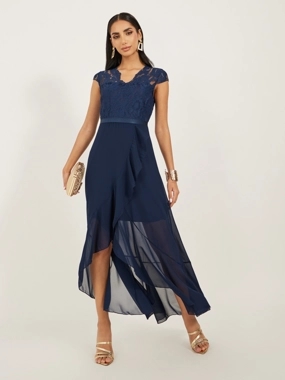 Take Two Lace Ruffled Asymmetric Hem A-Line Midi Dress