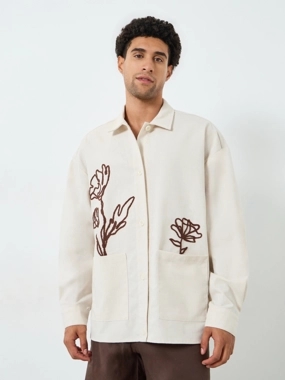 Styli Limited Men Cream Embroidered Shacket with Pockets