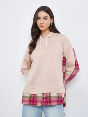Take Two Pink Checked Trim Long Sleeve Hoodie