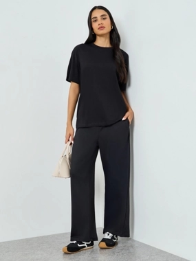 Styli Black Wide Leg Joggers with Drawstring