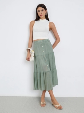Take Two Khaki Button Detail Tiered Midi Skirt