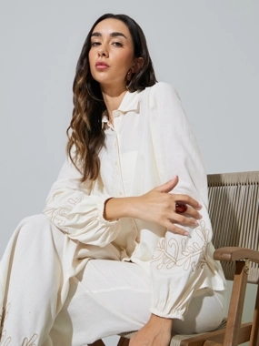 Styli Off White Embroidered Cuff Sleeve Shirt