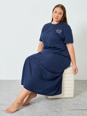 Styli Unwind Plus Size Navy Blue Printed Slogan T-Shirt Dress