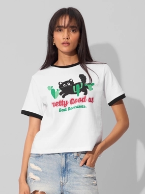 The Souled Store White Cat Graphic Print Relaxed Fit T-Shirt