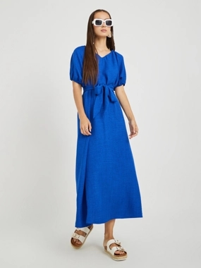 Take Two Solid Puff Sleeve V-Neck Midi Dress
