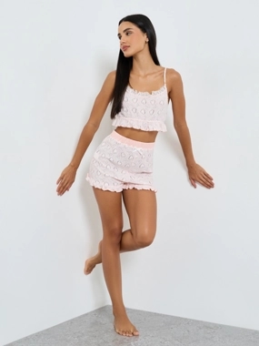 Styli Heart Pattern Knit Crop Top and Shorts Set