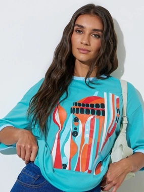 Styli Teal Graphic Print Oversize T-shirt