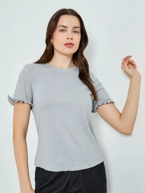 Styli Grey Ribbed T-Shirt with Ruffle Sleeves